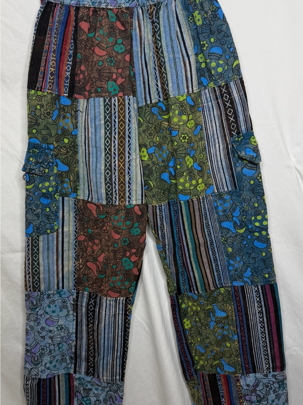 Boho Patchwork Casual Drawstring Pants in Multi Blue. 30” length - Picture 2 of 4